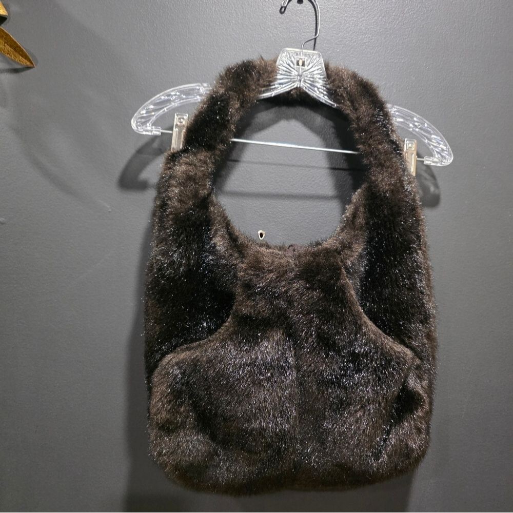 Faux Mink Fur Shoulder Bag Purse Handbag Dark Brown 15x12 Vtg